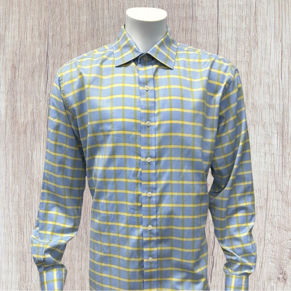 Robert Graham Blue Yellow Plaid Men's Cotton Long Sleeve Dress Shirt Size XL